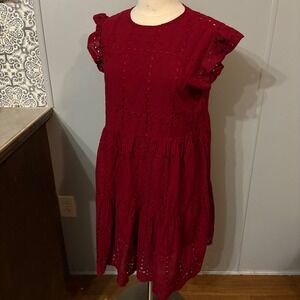 Maroon Burgundy Eyelet Dress Ruffle Short Sleeve Midi Dress (Women's‎ Large*)